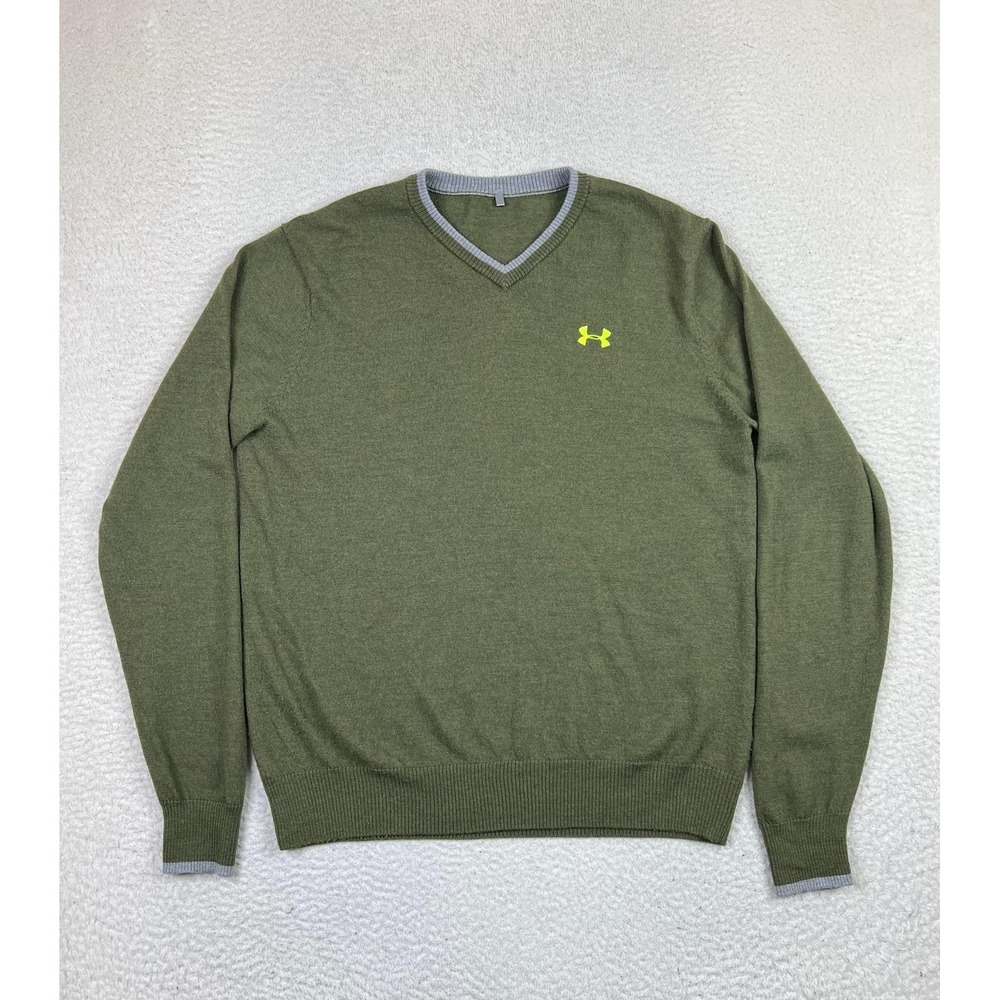 Under Armour Sweater Mens Large Green Merino Wool V Neck Pullover Logo Golf
